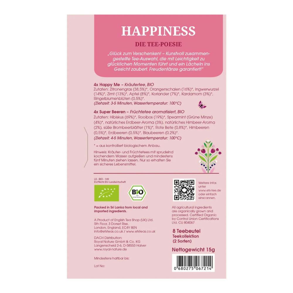 Rückseite der Teebox mit Inhaltsangaben und Zertifizierungen. Aufschrift: "Happiness", "8 Teebeutel", Bio-Siegel. Rosa und weiß.