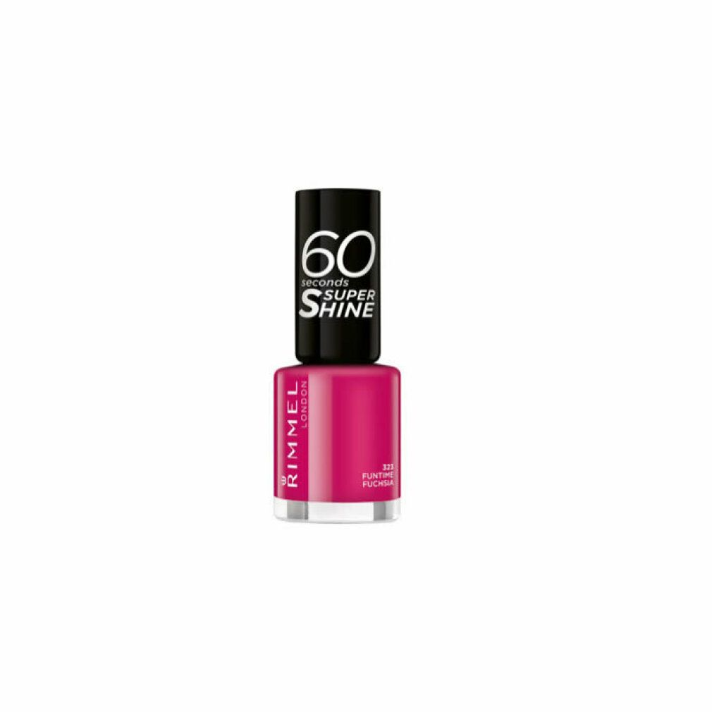 Nagellackflasche mit pinkfarbenem Lack. Schwarzer Deckel mit weißer Schrift: 60 seconds SUPER SHINE. Marke Rimmel London. Farbnummer 323.