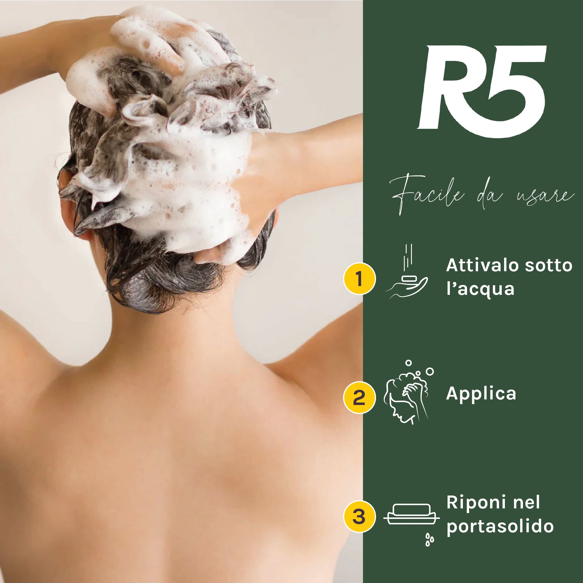 Person wäscht sich die Haare mit schäumendem R5 festem Shampoo.
