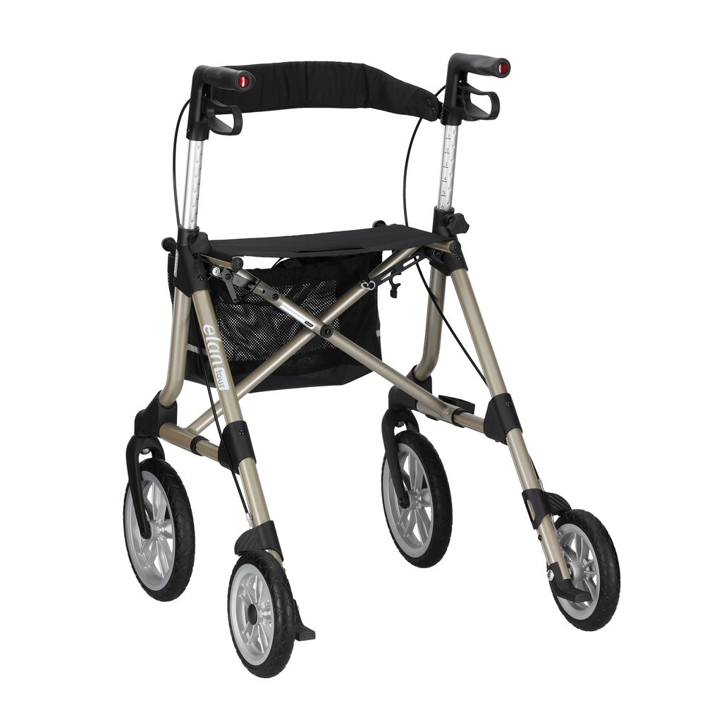 Rollator mit vier Rädern, Sitzfläche, Korb und Handgriffen. Silberfarbenes Gestell, schwarze Details.