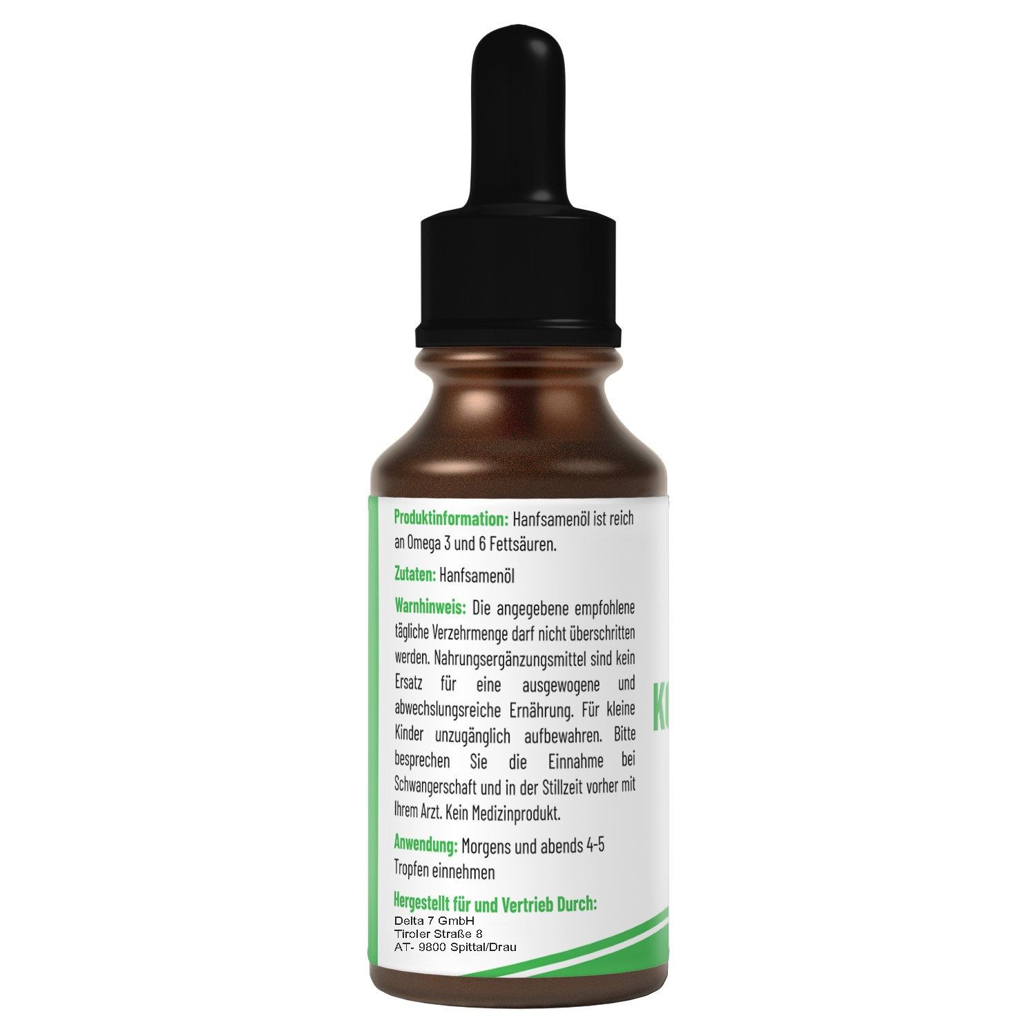 Braune Glasflasche mit schwarzem Tropfer. Rückseite mit Text: Produktinformationen, Zutaten, Anwendung, Hersteller. Grüner Akzent.