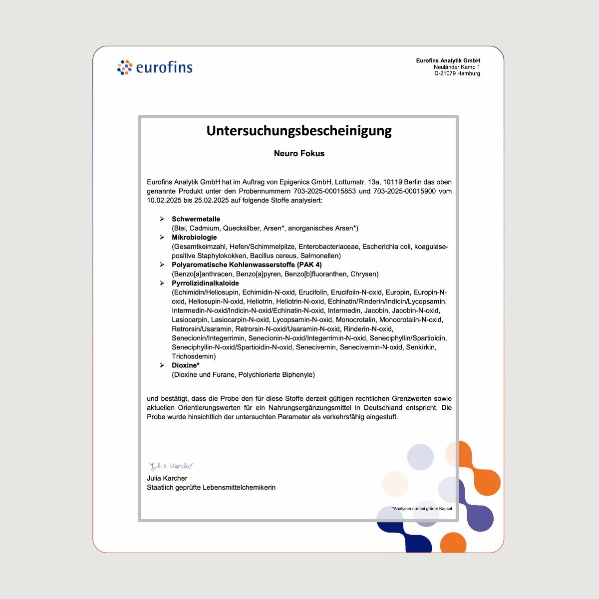 Untersuchungsbescheinigung von Eurofins für Neuro Fokus. Enthält Informationen zu Schwermetallen, Pestiziden, etc.