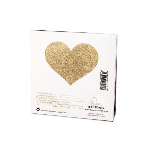 Goldfarbene Herz-Glitzer-Aufkleber auf weißer Verpackung.