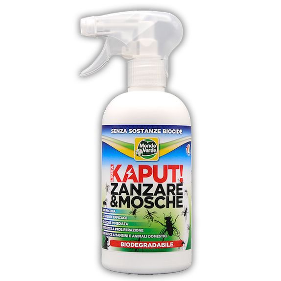 La bottiglia di spray insetticida Mondo Verde Kaput! Zanzare & Mosche presenta un design bianco cilindrico con un erogatore a spruzzo. L'etichetta mostra il nome del marchio e del prodotto in rosso e verde, con illustrazioni di insetti. È visibile anche la scritta 'SENZA SOSTANZE BIOCIDE'.