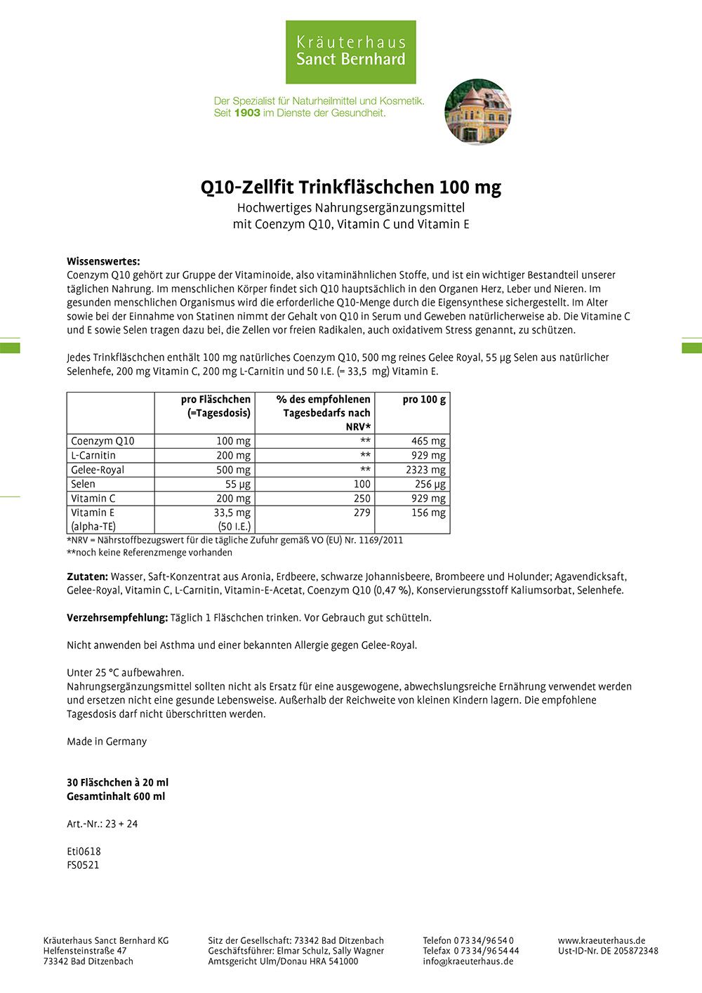 Sanct Bernhard Q10-Zellfit 100 mg Trinkfläschchen
