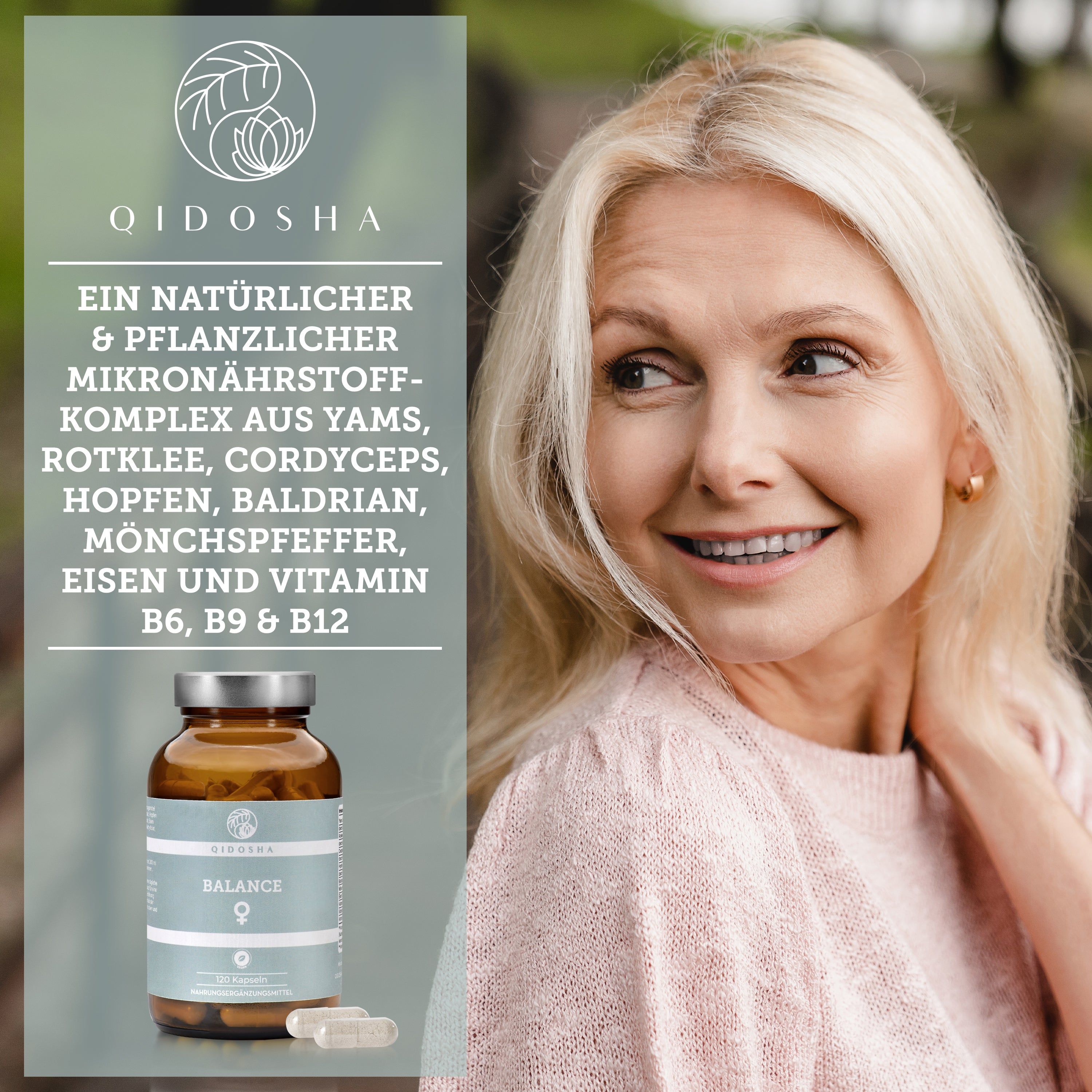 Frau lächelt, neben einer Flasche Qidosha Balance Mikronährstoff-Komplex.