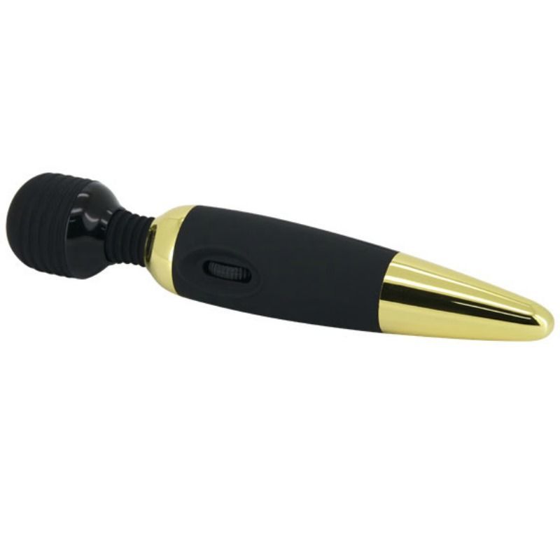 Schwarzer und goldfarbener Massagestab. Schwarzer Kopf, goldfarbenes Mittelteil und Spitze. Ein/Aus-Schalter.