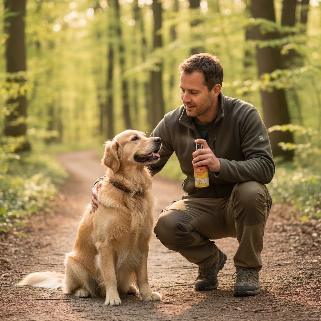 Mann sprüht Produkt auf einen Golden Retriever. Beide sitzen auf einem Waldweg. Der Hund schaut zum Mann.