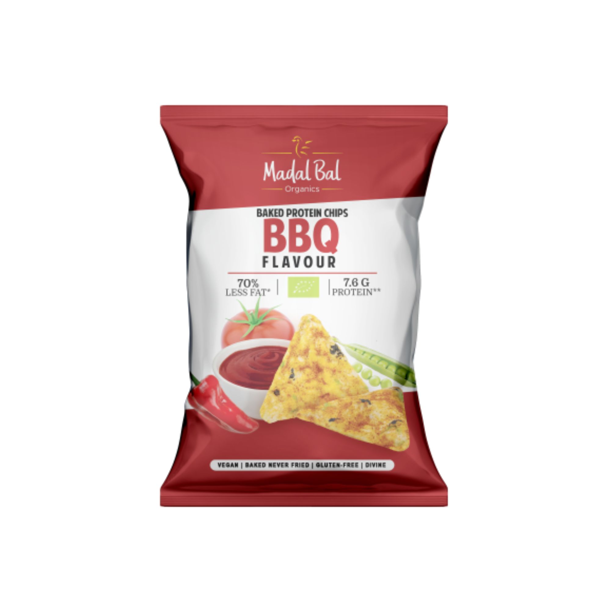 Verpackung Bio Protein Chips BBQ-Geschmack. Rote und weiße Verpackung. Text: 70% weniger Fett, 7,6 g Protein, vegan, glutenfrei.