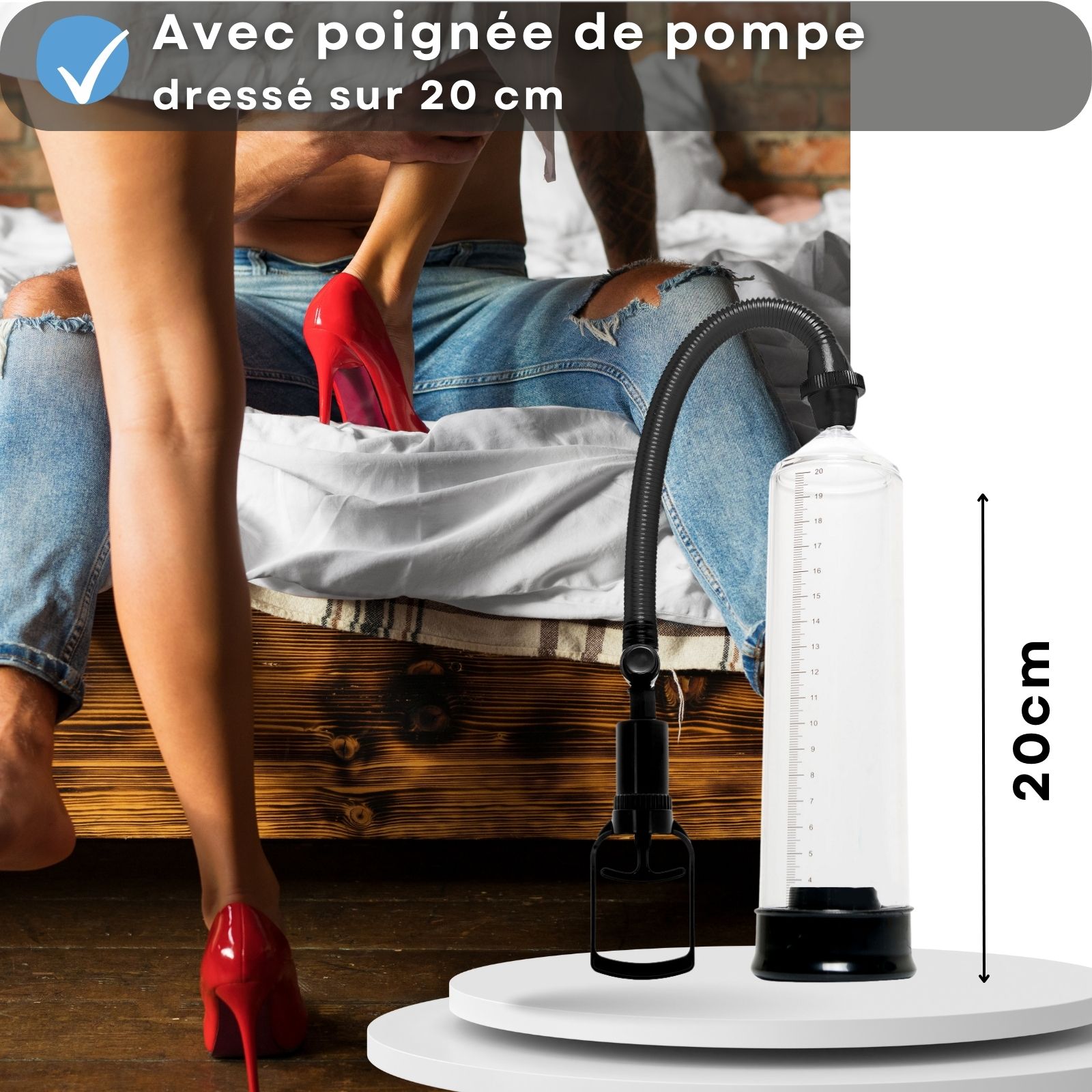 Pompe à pénis en ABS, transparente. Création de pression via la poignée. Érigé jusqu'à 20 cm. Aide à l'érection.