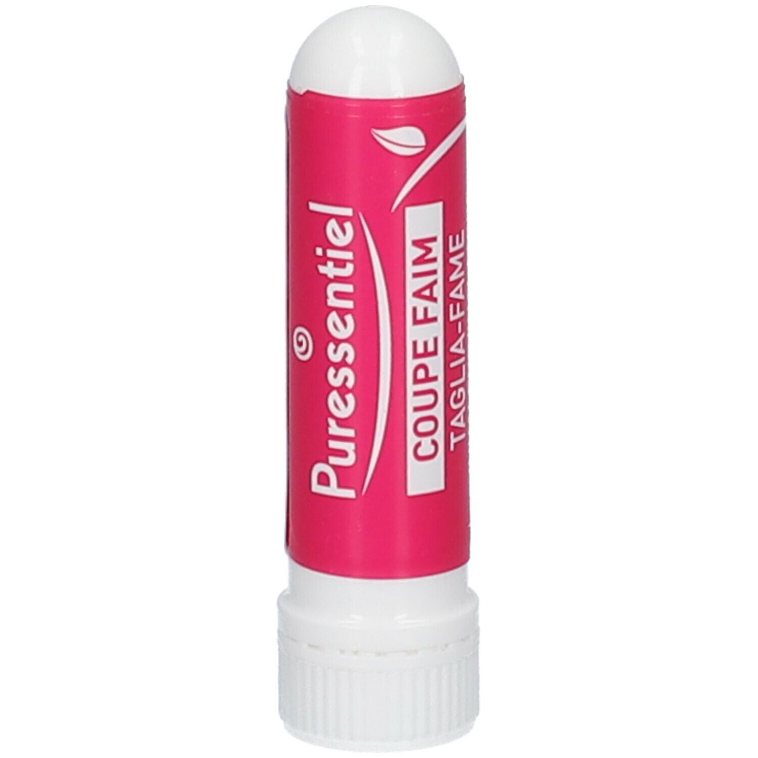 Inalatore bianco e rosa. Etichetta con testo: Coupe Faim, Inhalateur/Inalatore, Puressentiel. Simbolo foglia verde.