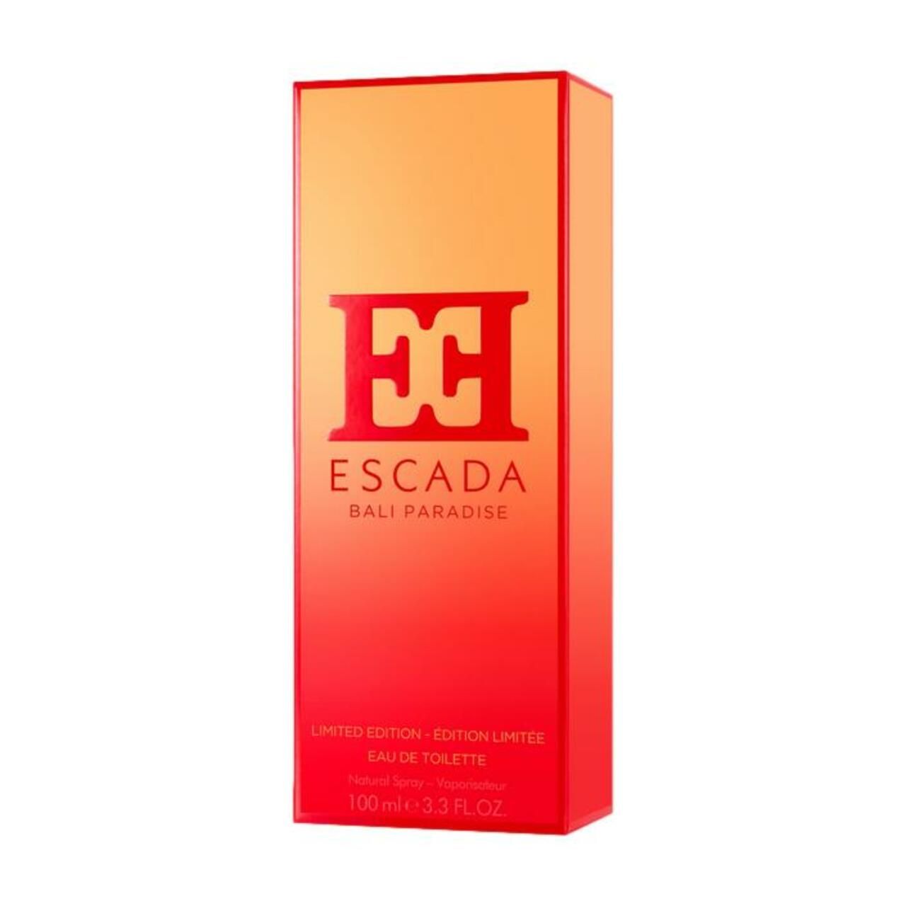 Orangefarbene Verpackung. Aufschrift: ESCADA BALI PARADISE. Limited Edition.