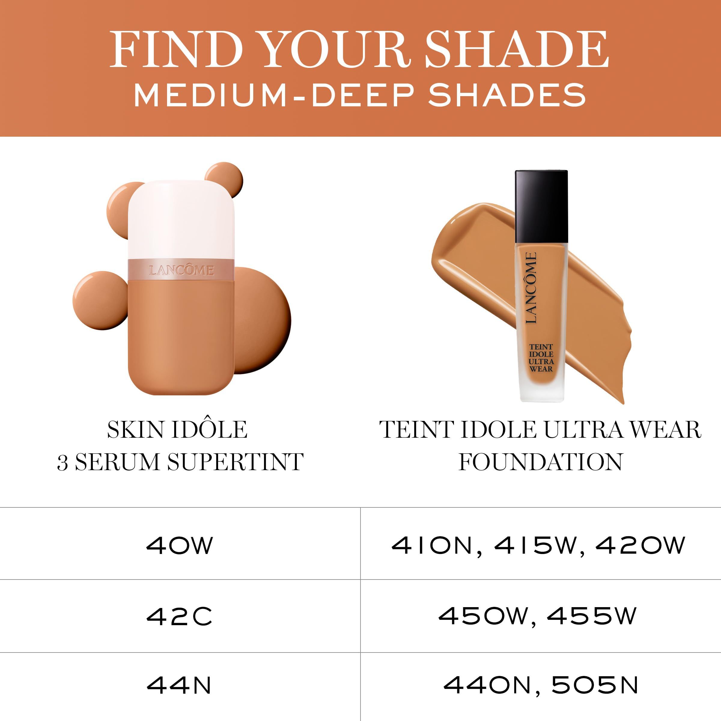 Vergleich: Skin Idôle 3 Serum Supertint und Teint Idole Ultra Wear Foundation. Farbtöne: 40W, 42C, 44N.