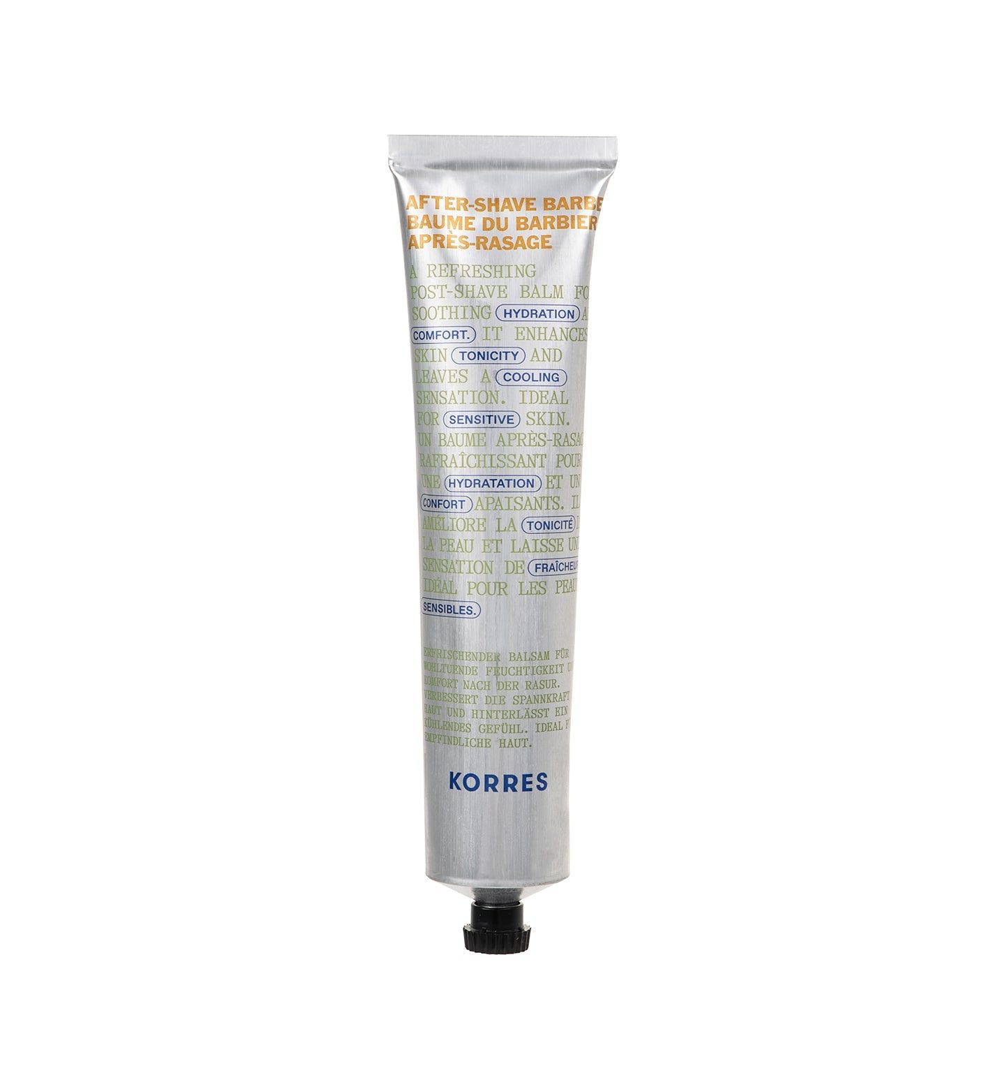 Silberne Tube KORRES After-Shave Balsam. Schwarzer Verschluss. Text in Englisch und Französisch. Produktansicht.