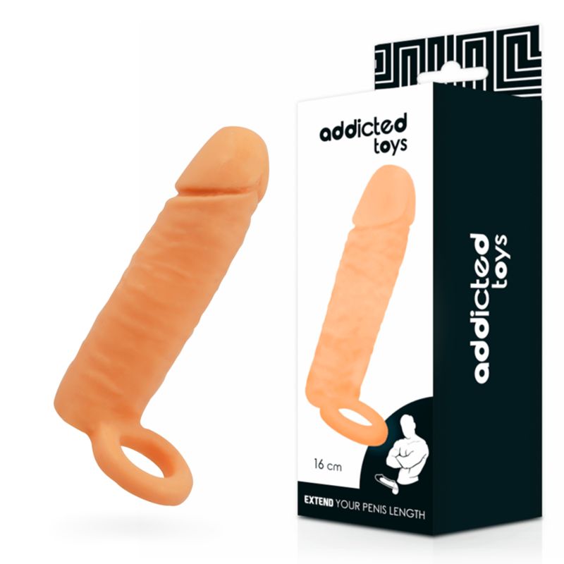Produkt und Verpackung. Aufschrift "Addicted Toys", "Extend Your Penis Length 16 cm". Produkt in Hautfarbe, mit Ring.