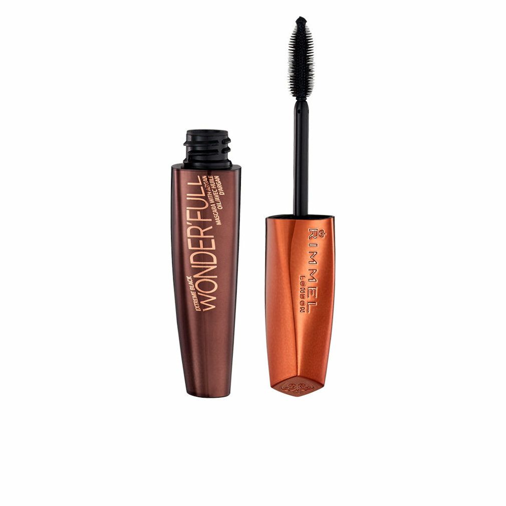 Mascara mit Bürste. Dunkelbraune Hülse, goldfarbener Deckel. Schriftzug: Rimmel Wonder'full Extreme Black.