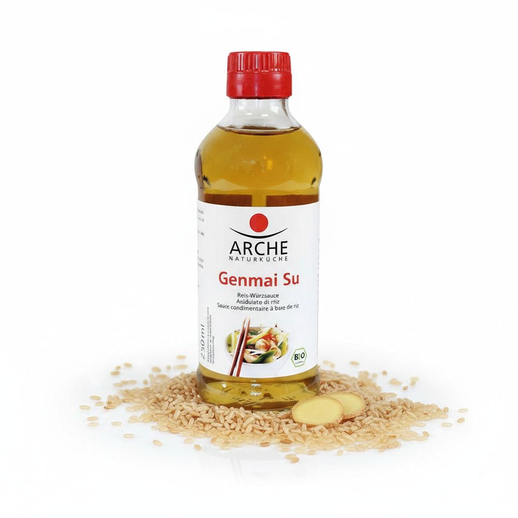 Flasche Arche Genmai Su Reis-Würzsoße umgeben von Reis und Ingwer.