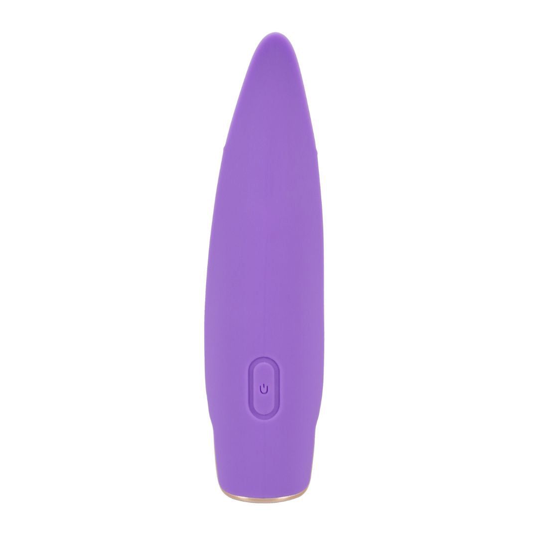 Lila Vibrator in Tropfenform. Ein Knopf ist sichtbar. Goldfarbene Akzente am unteren Ende.