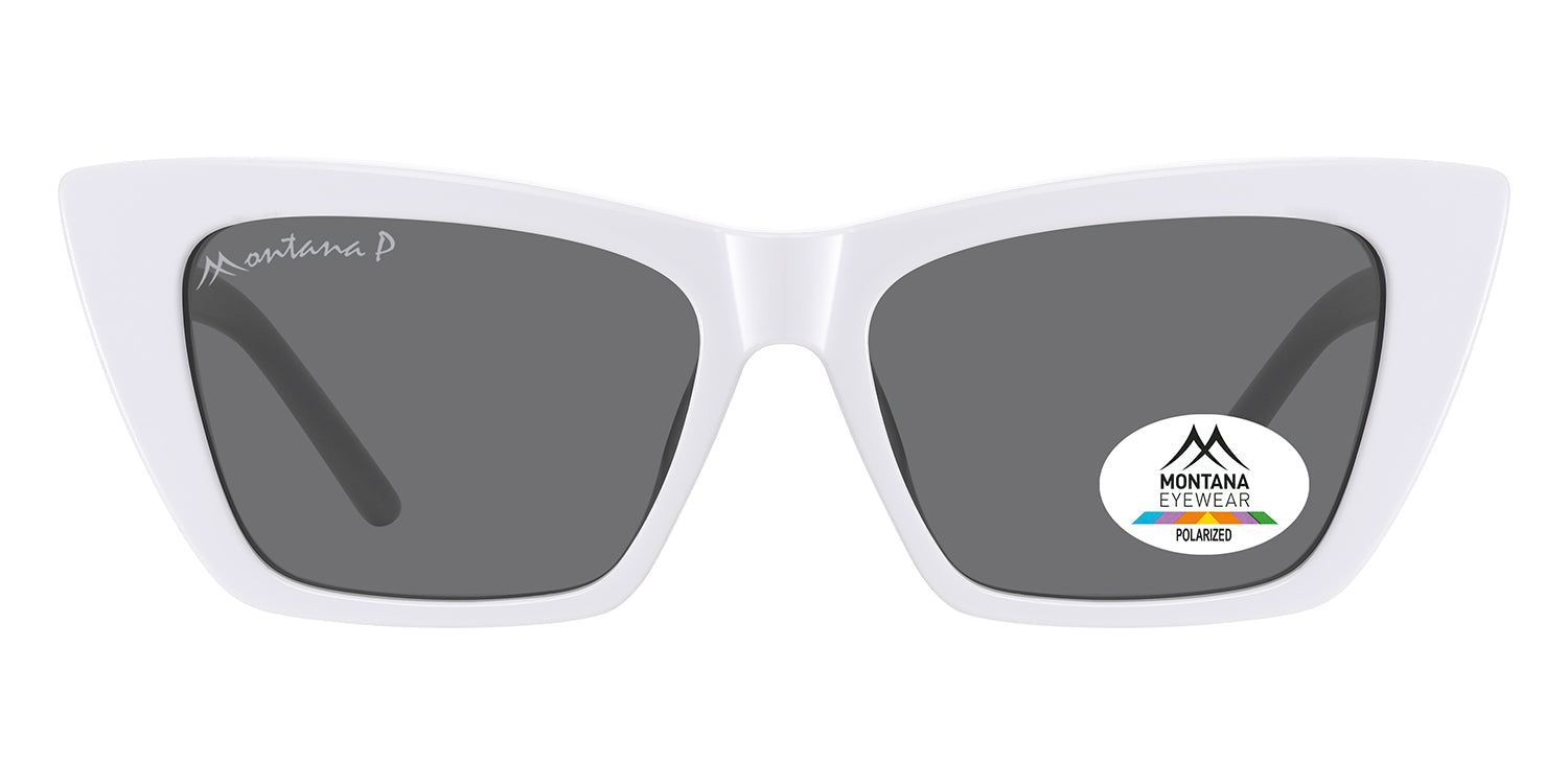 Weiße Sonnenbrille mit grauen Gläsern. Montana Eyewear Logo und Polarized-Aufkleber. Katzenaugenform.