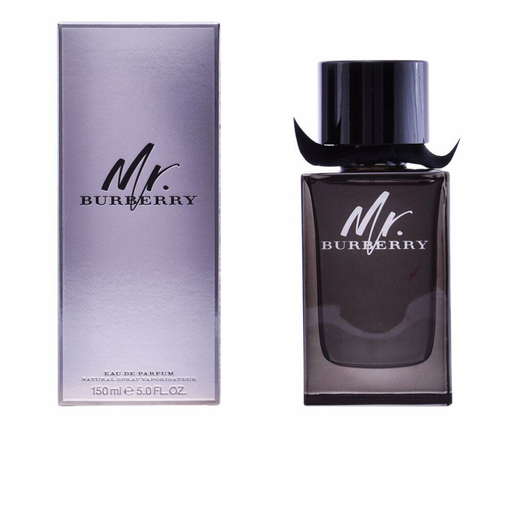 Flasche und Verpackung. Flasche mit schwarzem Deckel und Schleife. Logo "Mr. BURBERRY". Text: 150 ml 5.0 FL. OZ.