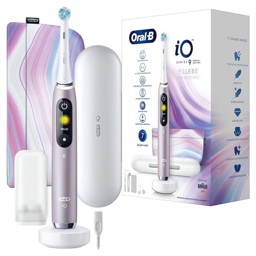 Elektrische Zahnbürste, Rose Quartz, mit Ladestation, Etui und Zubehör. Verpackung mit Oral-B iO Series 9 Logo.