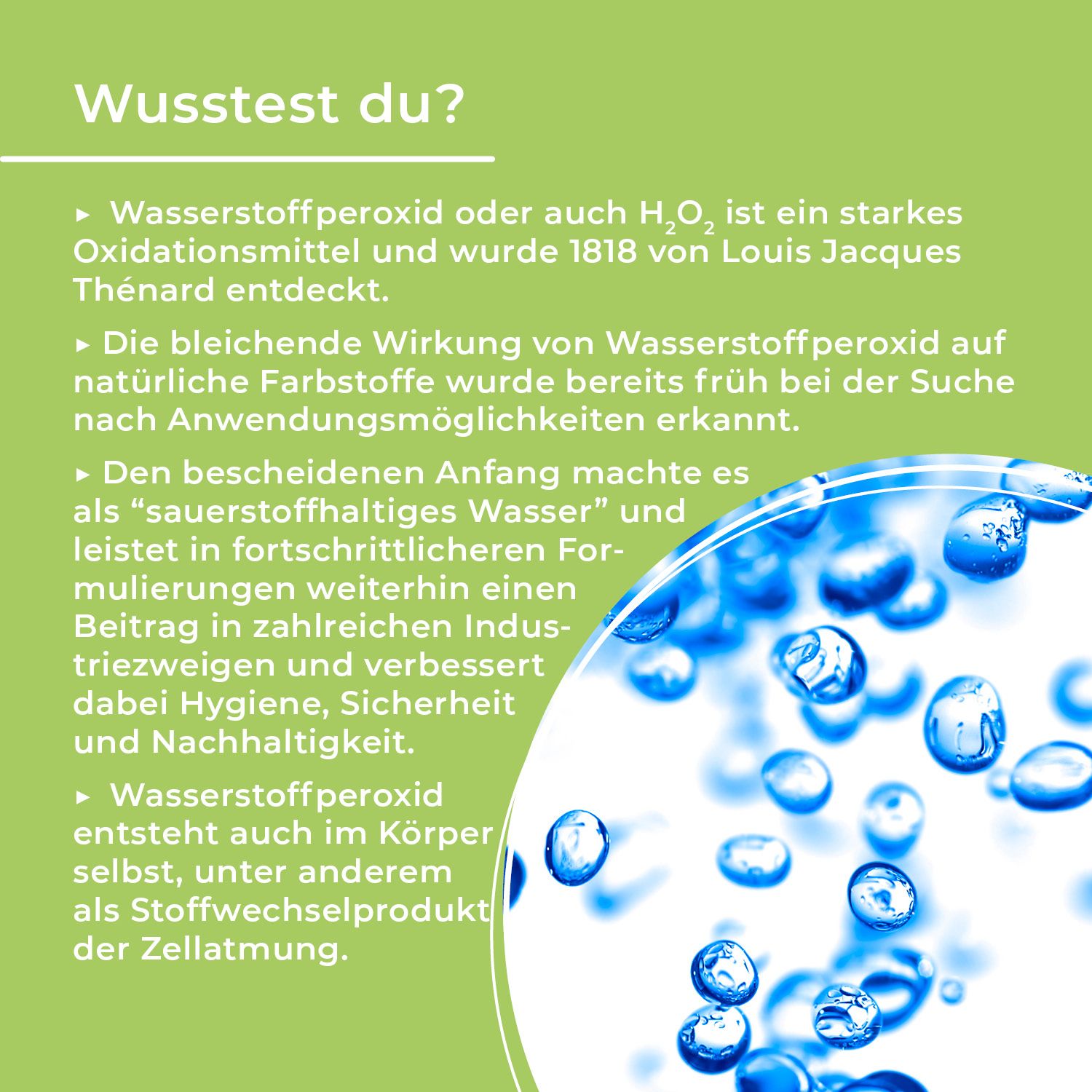 Text auf grünem Hintergrund. Überschrift: Wusstest du? Text über Wasserstoffperoxid und seine Eigenschaften. Hintergrund: blaue Blasen.
