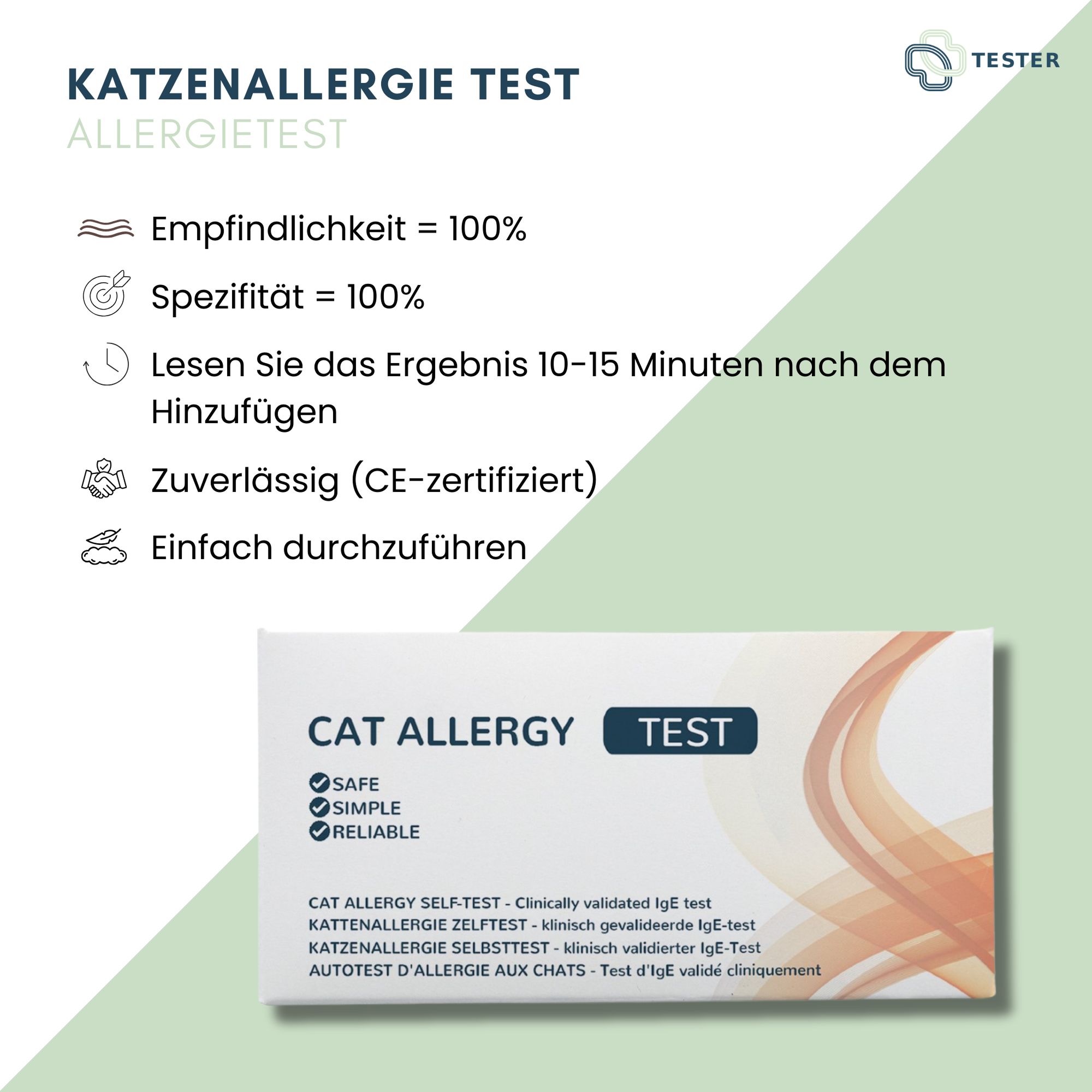 Text auf grünem Hintergrund: KATZENALLERGIE TEST, Empfindlichkeit 100%, Spezifität 100%, CE-zertifiziert. Verpackung im unteren Bereich.
