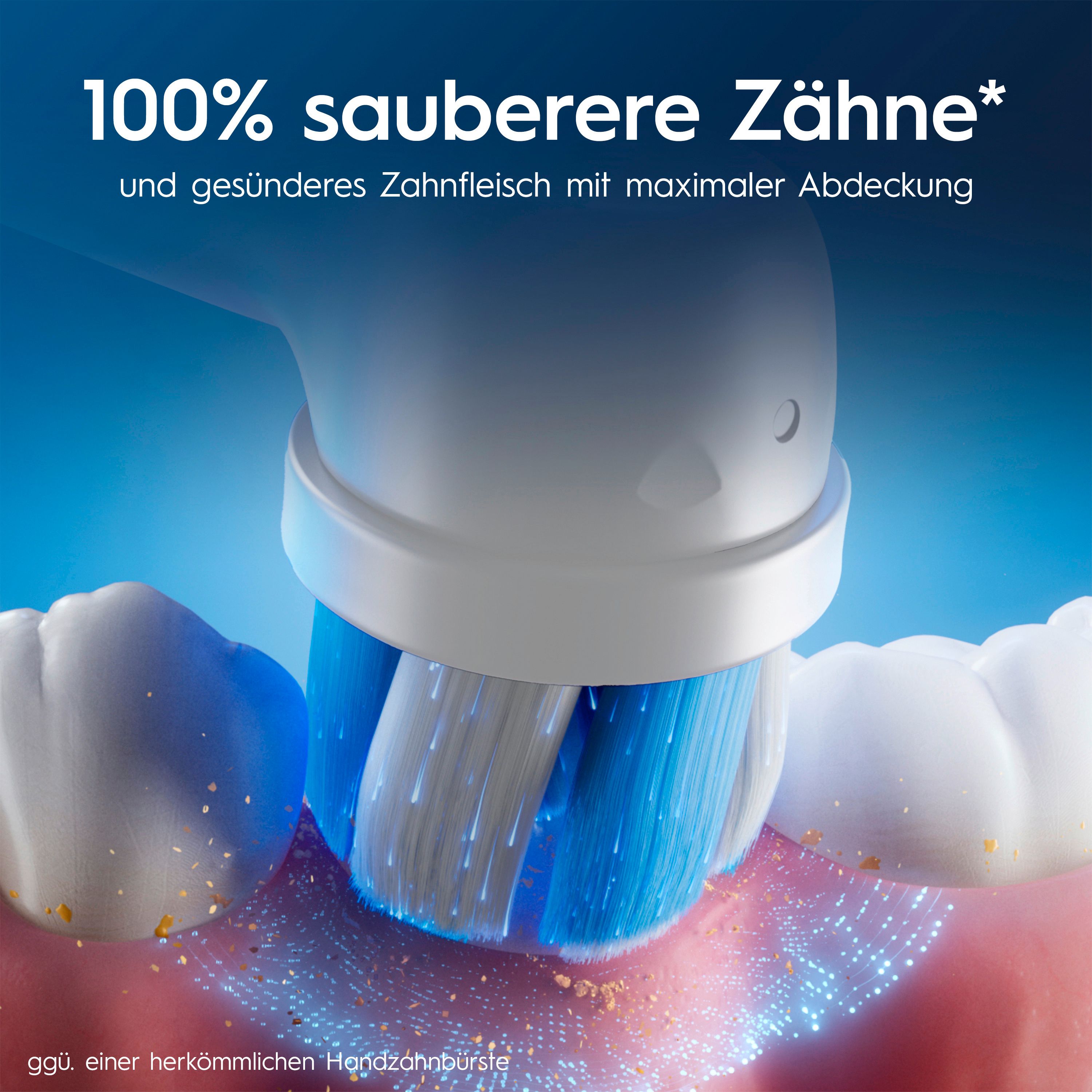 Nahaufnahme der Zahnbürste. Bürstenkopf reinigt Zähne. Text: 100% sauberere Zähne und gesünderes Zahnfleisch.