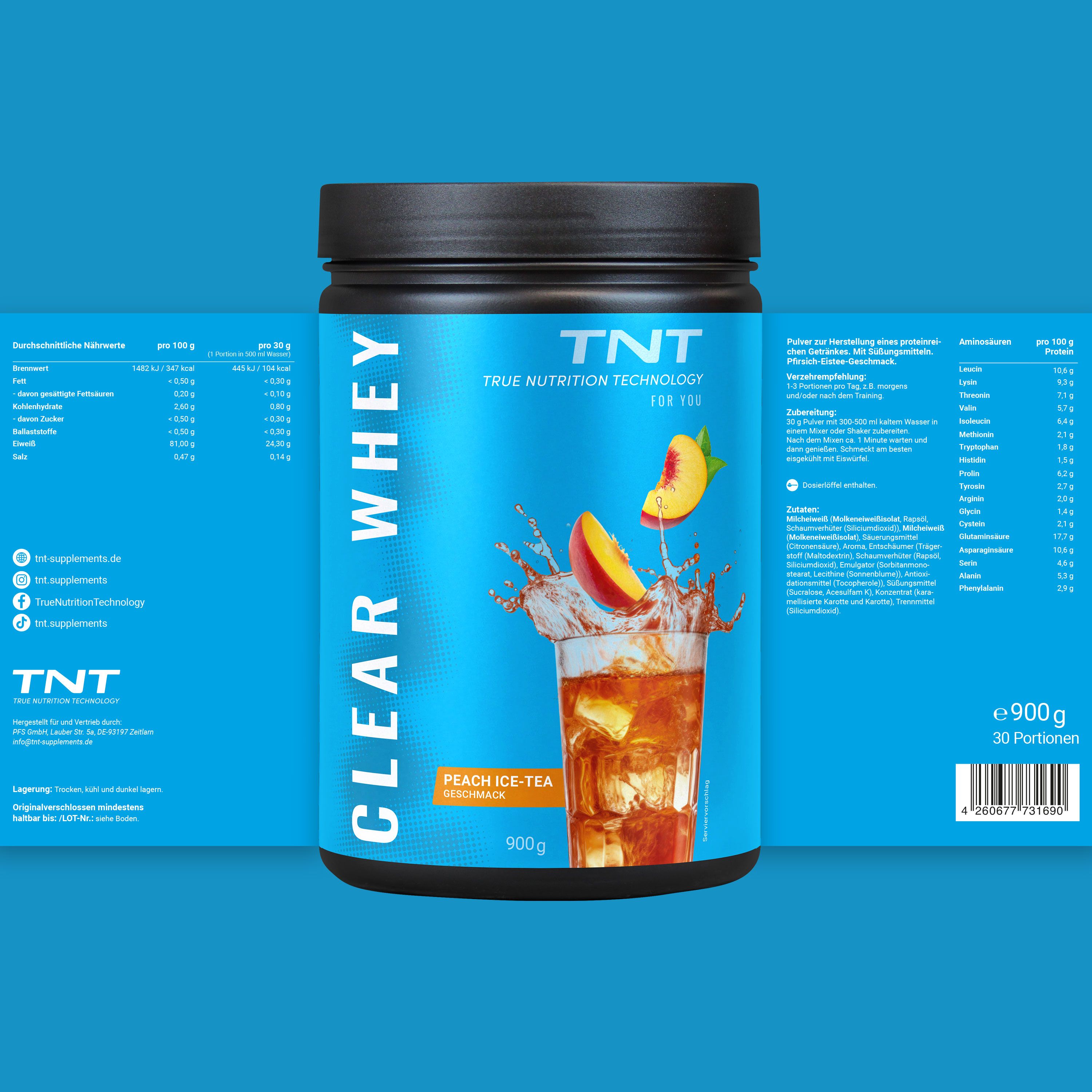 Schwarze Dose TNT CLEAR WHEY, Pfirsich-Eistee-Geschmack. 900g. Produktinformationen auf blauem Hintergrund.