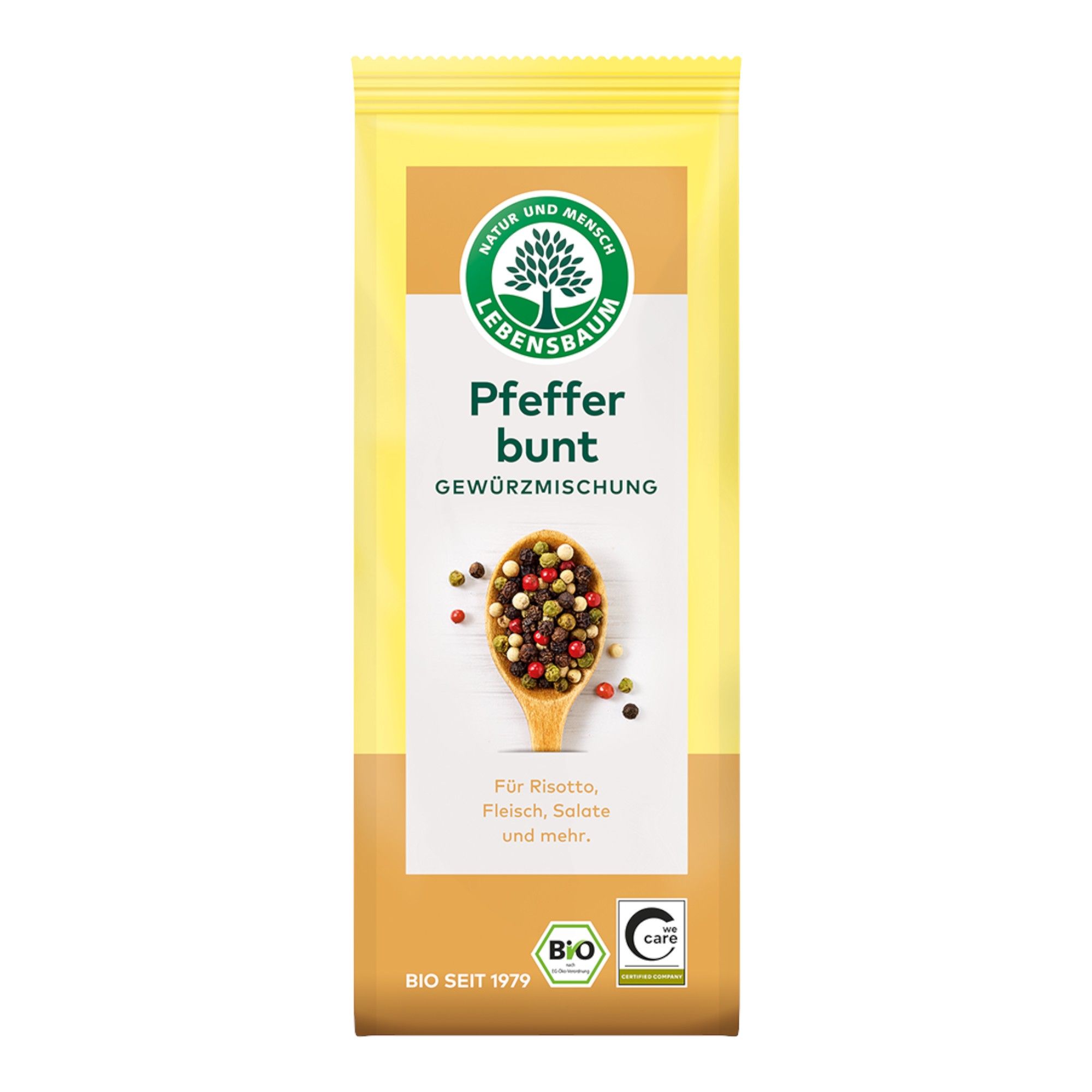 Lebensbaum Bunter Pfeffer Gewürzmischung, ganz, mit Holzlöffel und Pfefferkörnern auf der Vorderseite.
