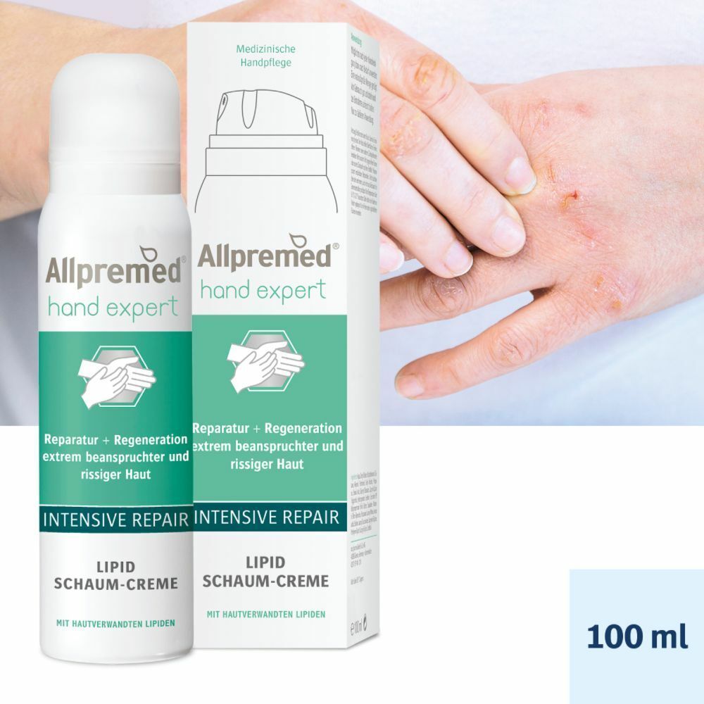 Weiße Sprühflasche und Karton mit Produktaufdruck. Aufschrift: Allpremed hand expert, INTENSIVE REPAIR, Lipid Schaum-Creme. Hand mit Hautirritationen.
