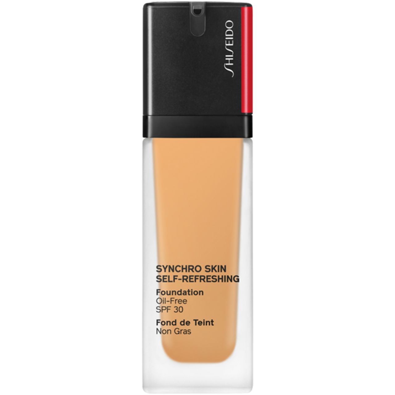 Shiseido Synchro Skin Foundation. Transparente Glasflasche mit schwarzem Deckel. Produktname und Details auf dem Etikett.
