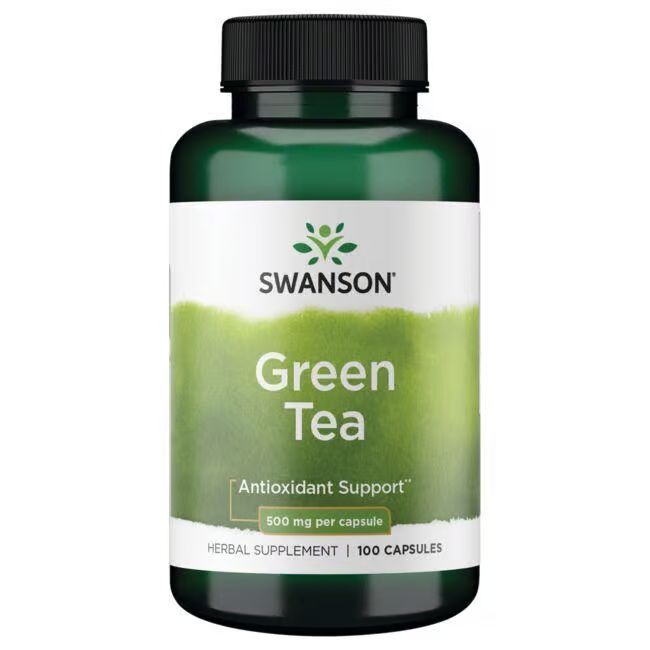 Grüner Tee Kapseln in grüner Flasche. Marke Swanson. 500 mg pro Kapsel. 100 Kapseln. Antioxidant Support.