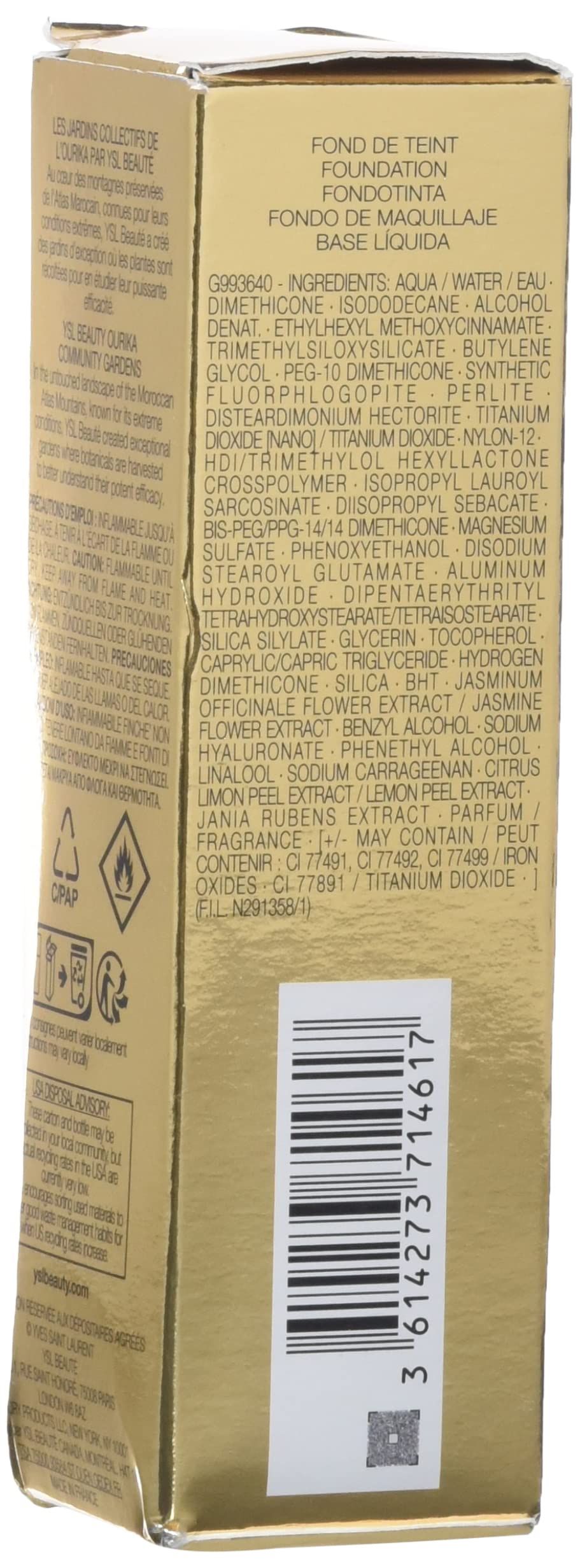 Rückseite der Verpackung Yves Saint Laurent Foundation. Goldfarbener Karton mit Text und Barcode. Inhaltsstoffe.