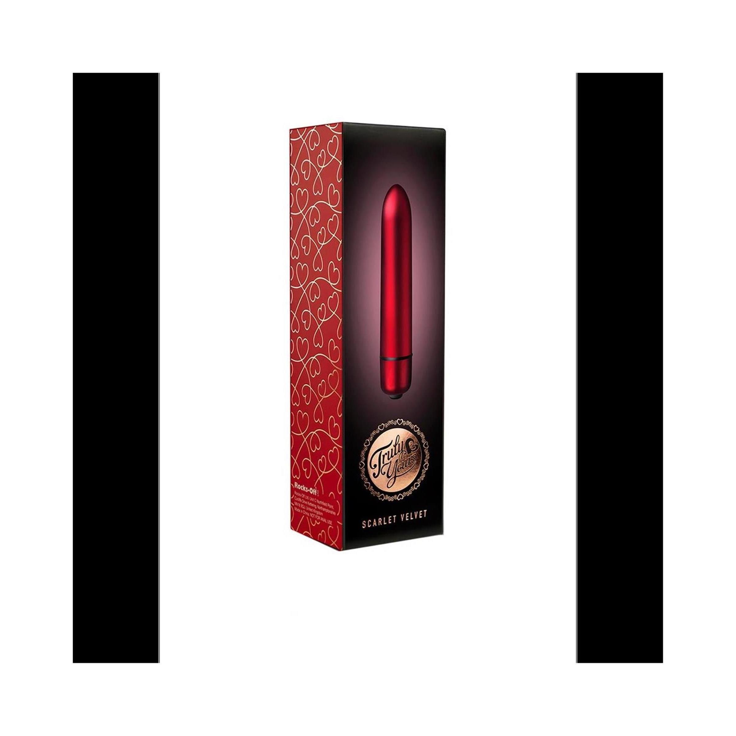 Roter Vibrator in Verpackung. Schwarze Box mit rotem Produkt. Aufschrift: Truly Yours - Scarlet Velvet.