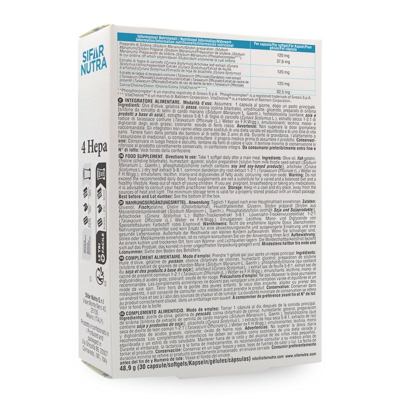 Rückseite der Box Sifar Nutra 4 Hepa. Text: Nährwertangaben, Inhaltsstoffe, Anwendungshinweise.