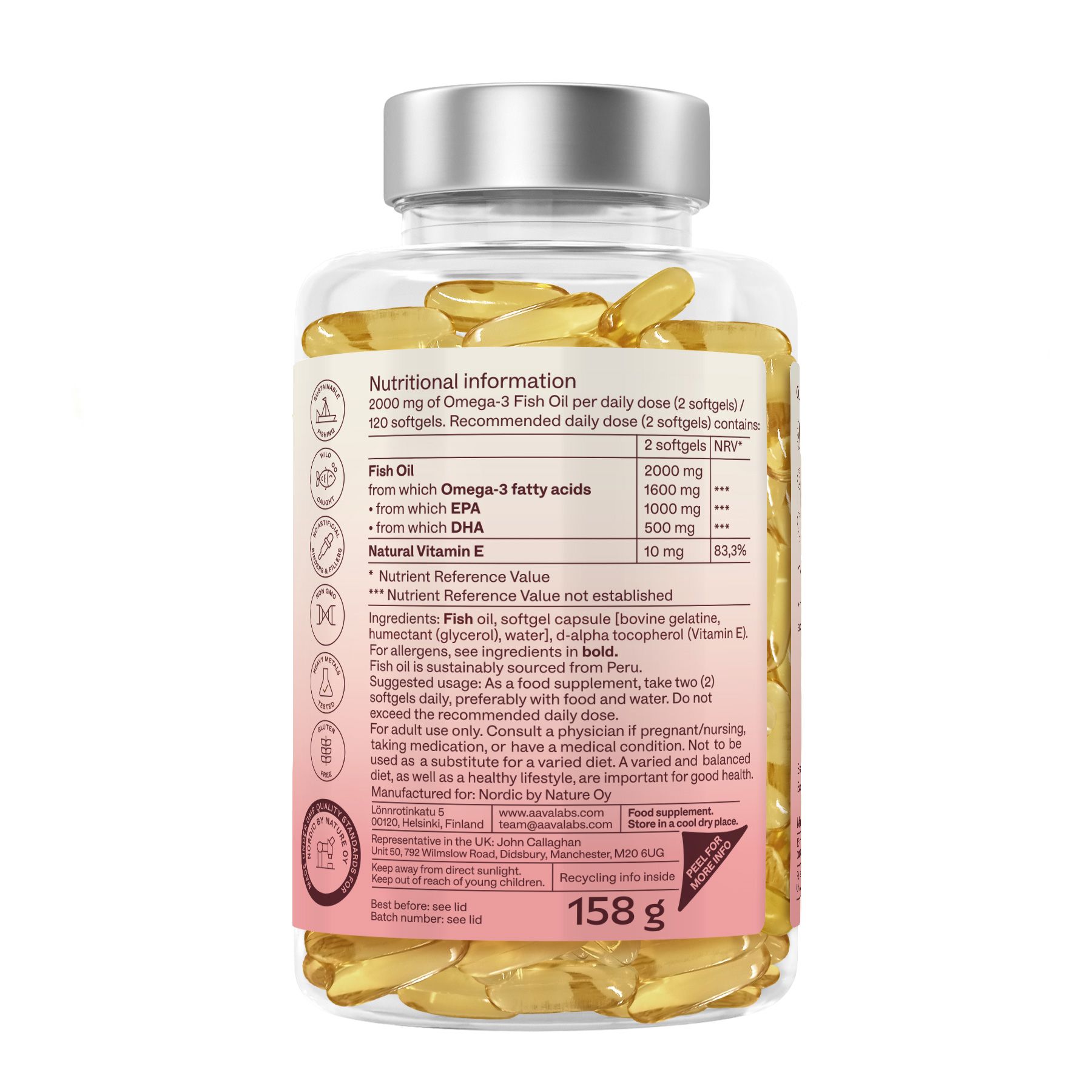 Rückseite der Flasche mit gelben Kapseln. Informationen zu Nährwerten, Inhaltsstoffen und Hersteller. Gewicht: 158 g.