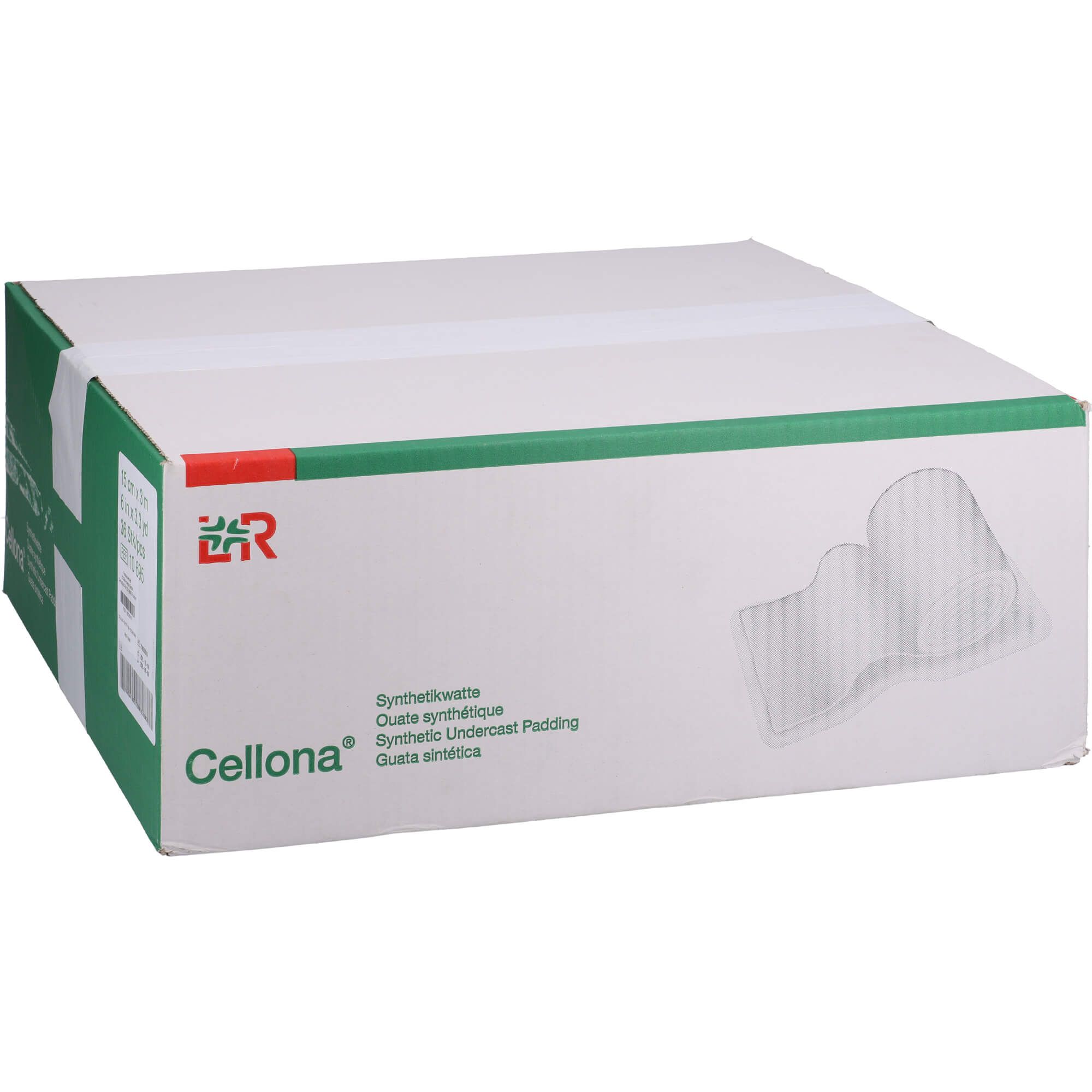Karton mit Cellona® Synthetikwatte. Grün-weiße Verpackung mit Produktabbildung.