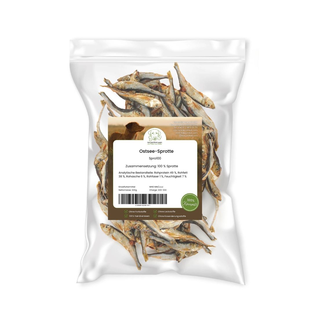 Tüte mit getrockneten Sprotten, 100% Sprotten, mit Siegel.