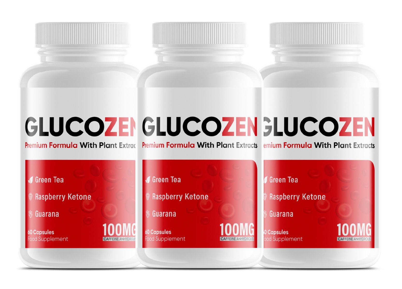 Drei weiße Flaschen mit rotem Etikett. Aufschrift GLUCOZEN, 100MG, und Inhaltsstoffe. Kapseln.