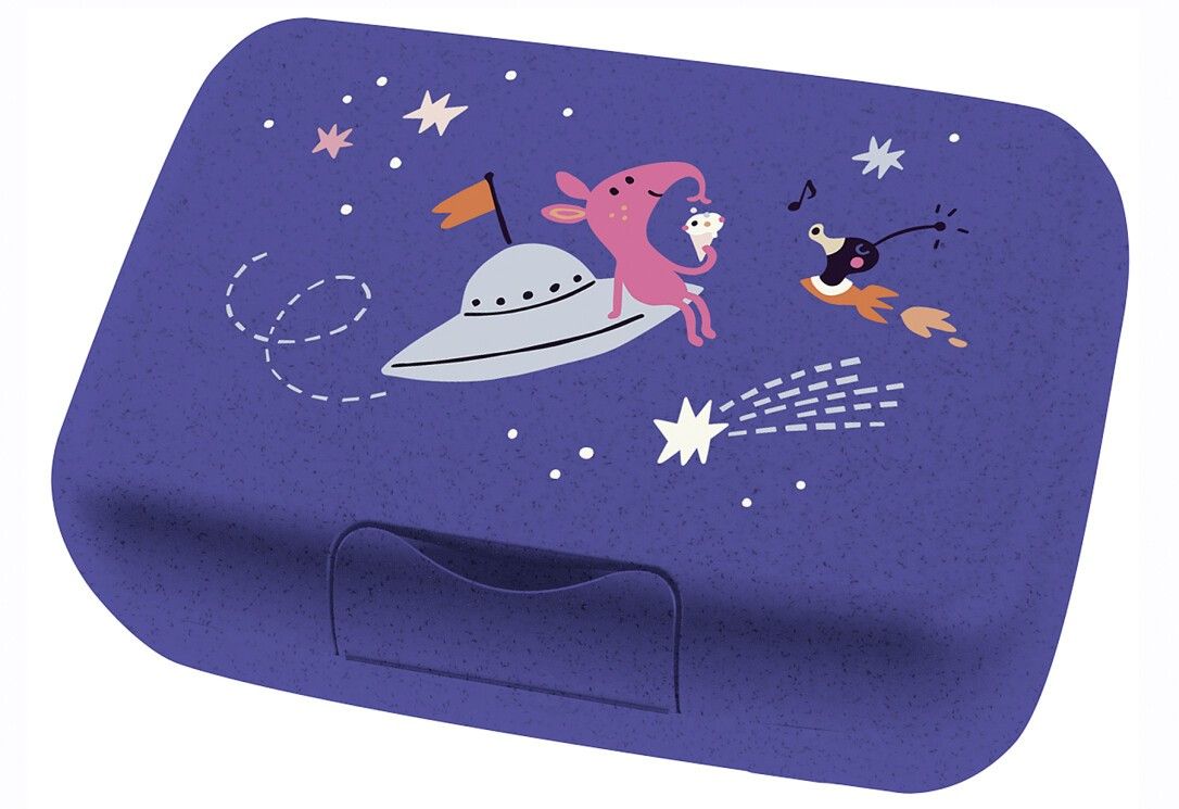 Blaue Lunchbox mit Weltraum-Motiv. Rechteckig, mit Deckel. Abbildung von Raumschiff, Sternen und Figuren.