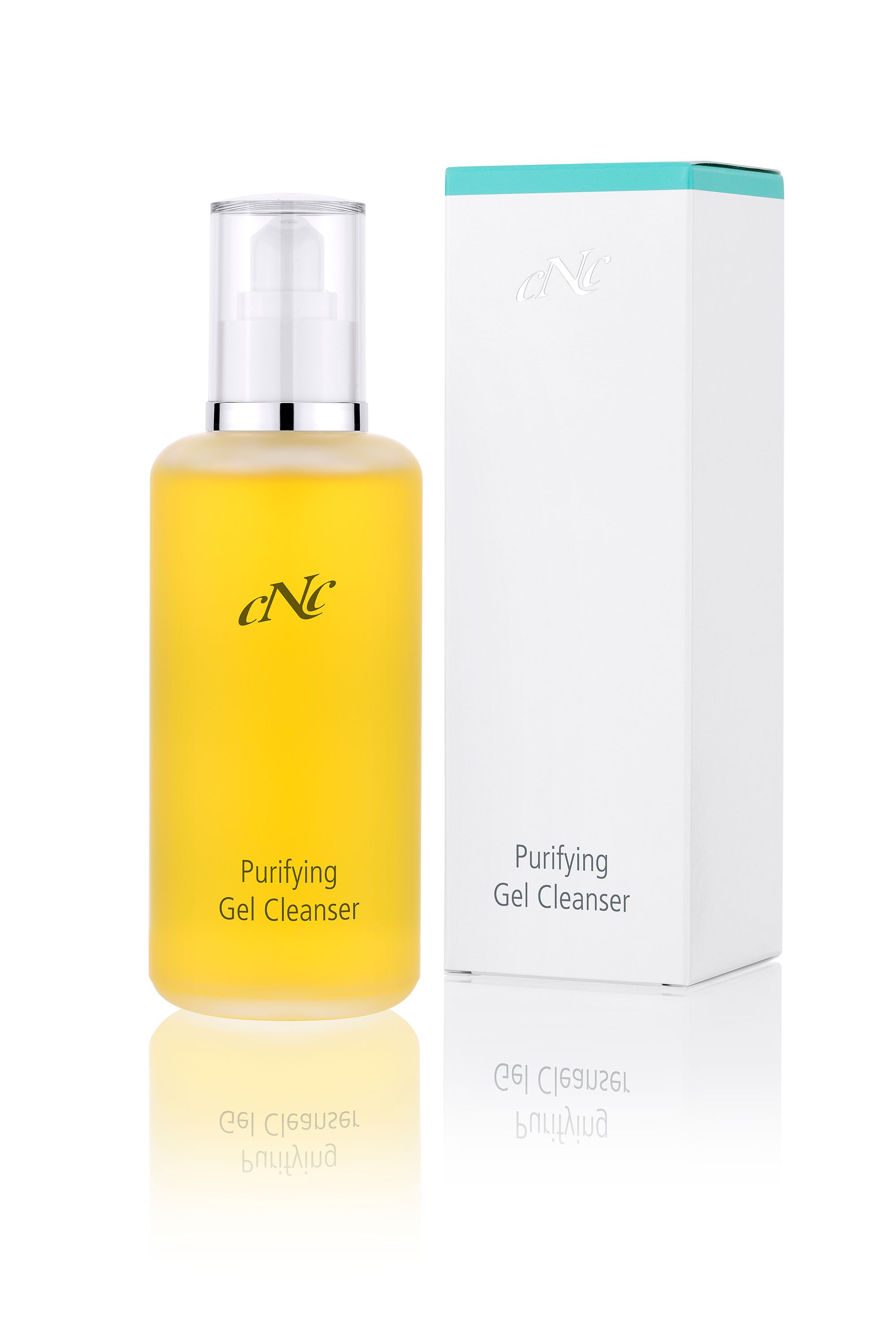 Gelreiniger in Flasche neben Verpackung. Gelbliche Flüssigkeit. Aufschrift: Purifying Gel Cleanser.