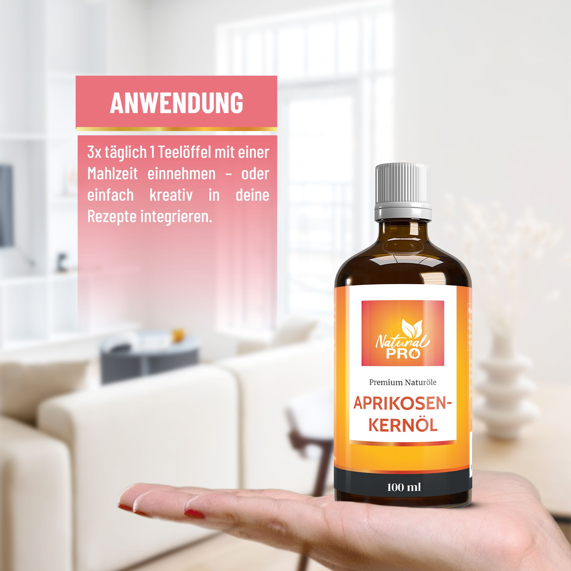 Braune Flasche mit weißem Deckel und orangefarbenem Etikett. Aufschrift: Natural Pro, Aprikosenkernöl, 100 ml. In Hand gehalten.