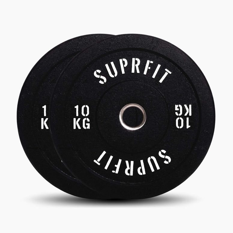 Zwei schwarze SUPRFIT Hi Temp Bumper Plates. Gewicht: 10 kg. Runde Form mit weißer Schrift. Loch in der Mitte.