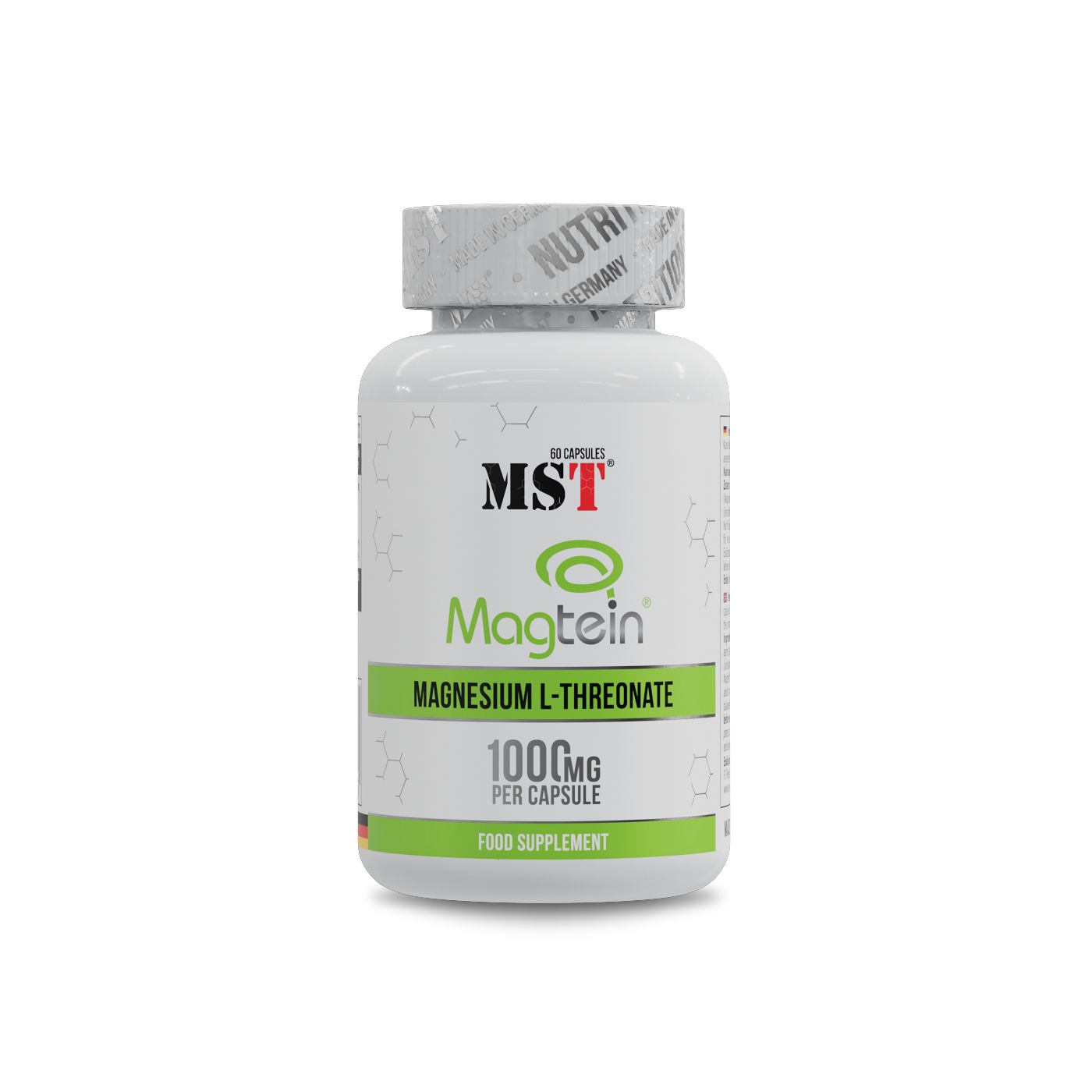 Weiße Flasche mit Kapseln. Aufschrift MST Magtein Magnesium L-Threonate. 100mg pro Kapsel. Food Supplement.