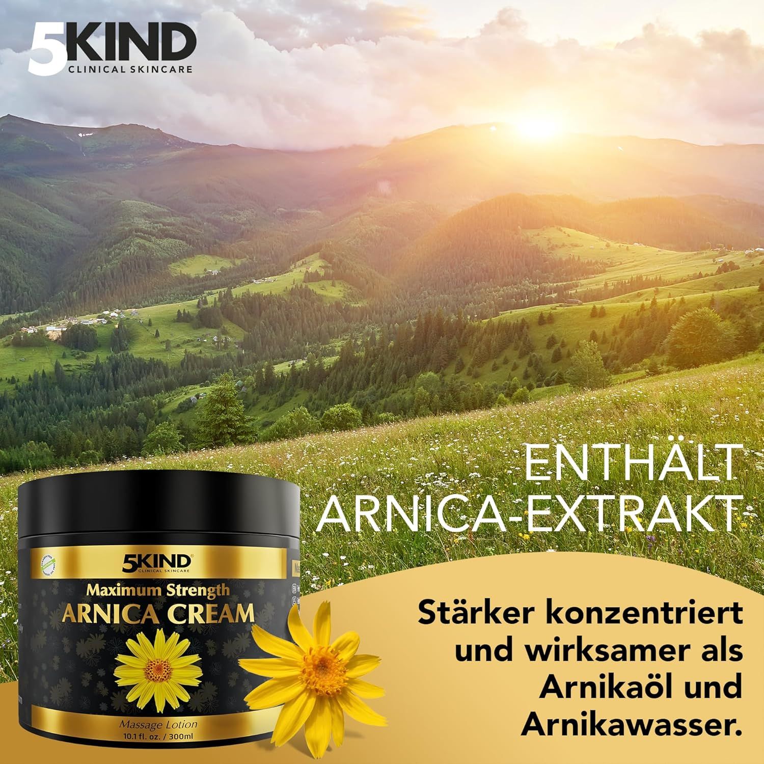Schwarzer Tiegel mit goldfarbenem Etikett. Aufschrift: Arnika Cream. Gelbe Blüte. Hintergrund: Landschaft mit Bergen und Wiesen.