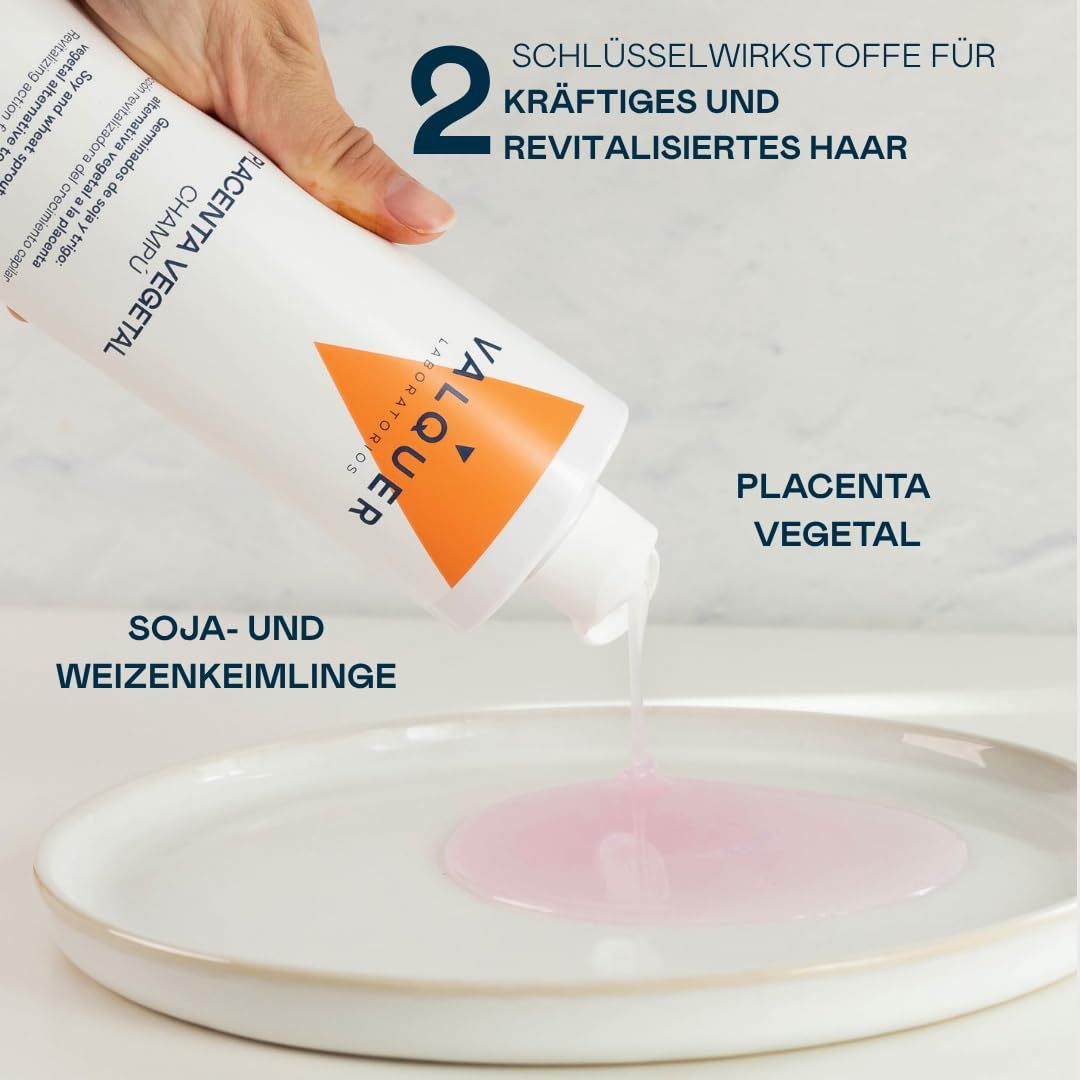 VALQUER LABORATORIOS Placenta Vegetal Shampoo wird auf eine weiße Schale gegossen.