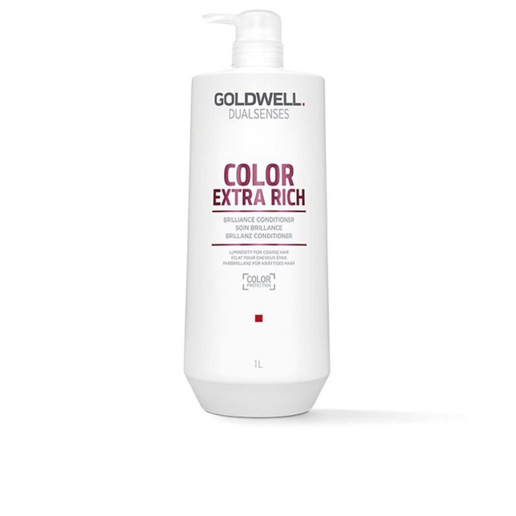 Weiße Flasche mit Pumpe. Aufschrift: Goldwell Dual Senses Color Extra Rich Conditioner. Text in Rosa und Schwarz. 1L.