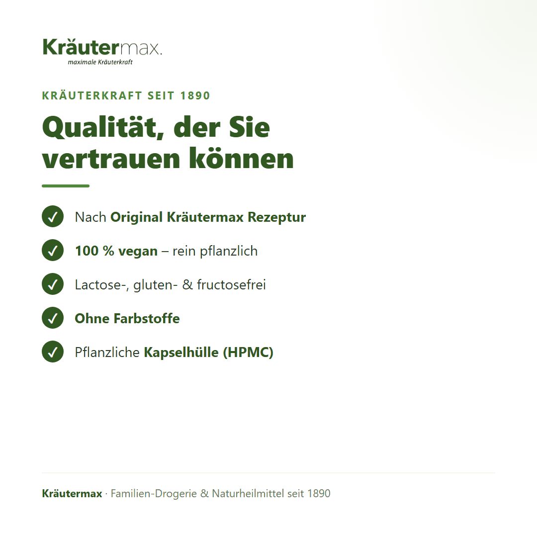 Kräutermax Qualität: Nach Rezeptur, 100% vegan, laktose-, glutenfrei, ohne Farbstoffe.