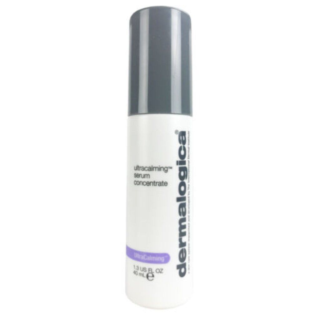 Weißer Flakon mit grauer Kappe. Text: Ultracalming Serum Concentrate, Dermalogica. Volumen: 1.3 US FL OZ / 40 ml e.